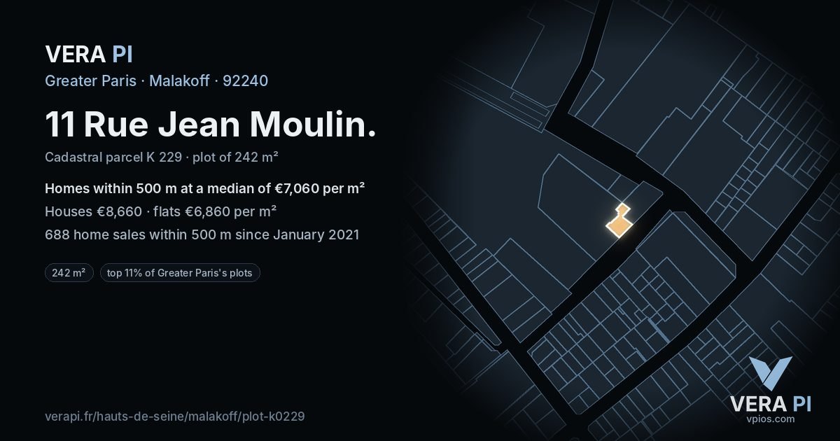 11 Rue Jean Moulin, Malakoff at night – the plot lit, the parcels around coloured by the prices near them