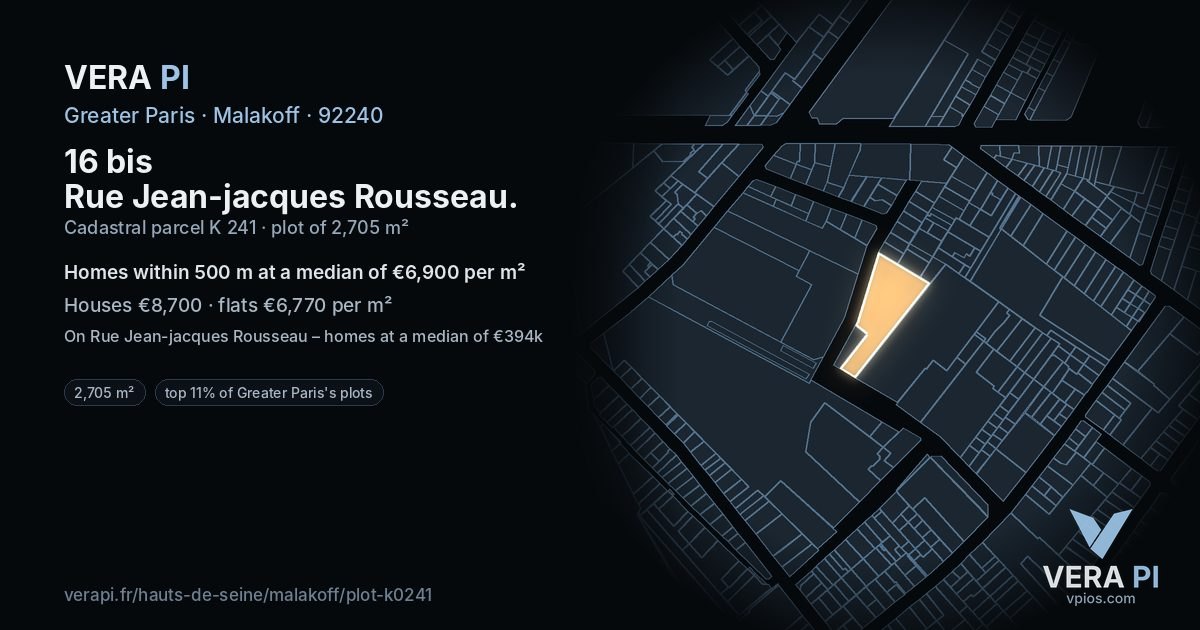 16 bis Rue Jean-jacques Rousseau, Malakoff at night – the plot lit, the parcels around coloured by the prices near them