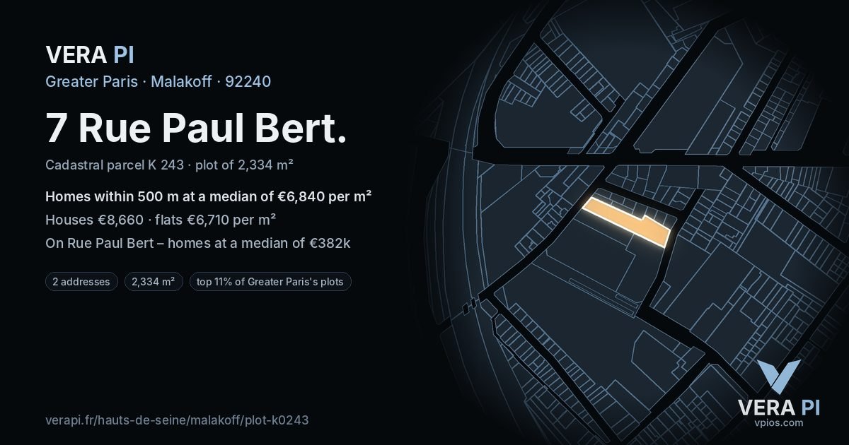 7 Rue Paul Bert, Malakoff at night – the plot lit, the parcels around coloured by the prices near them