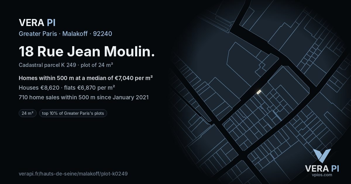 18 Rue Jean Moulin, Malakoff at night – the plot lit, the parcels around coloured by the prices near them