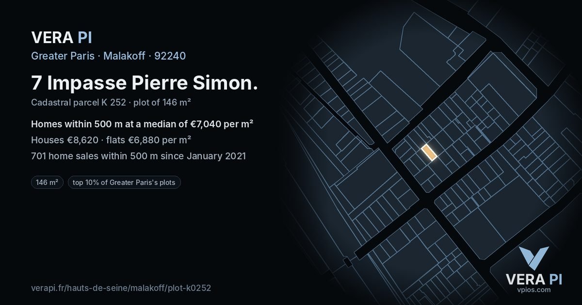 7 Impasse Pierre Simon, Malakoff at night – the plot lit, the parcels around coloured by the prices near them