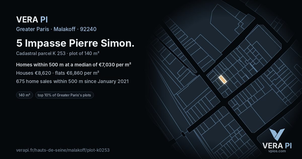 5 Impasse Pierre Simon, Malakoff at night – the plot lit, the parcels around coloured by the prices near them