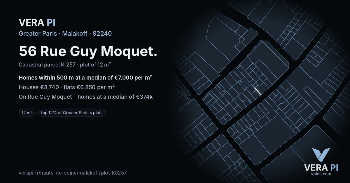 56 Rue Guy Moquet, Malakoff at night – the plot lit, the parcels around coloured by the prices near them