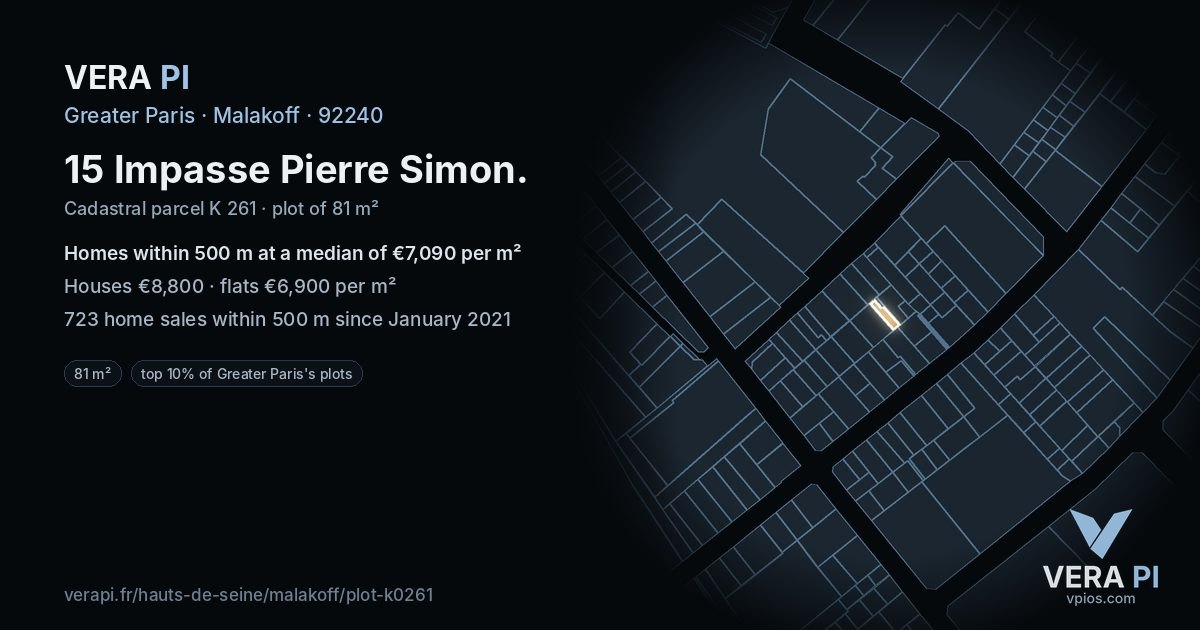15 Impasse Pierre Simon, Malakoff at night – the plot lit, the parcels around coloured by the prices near them