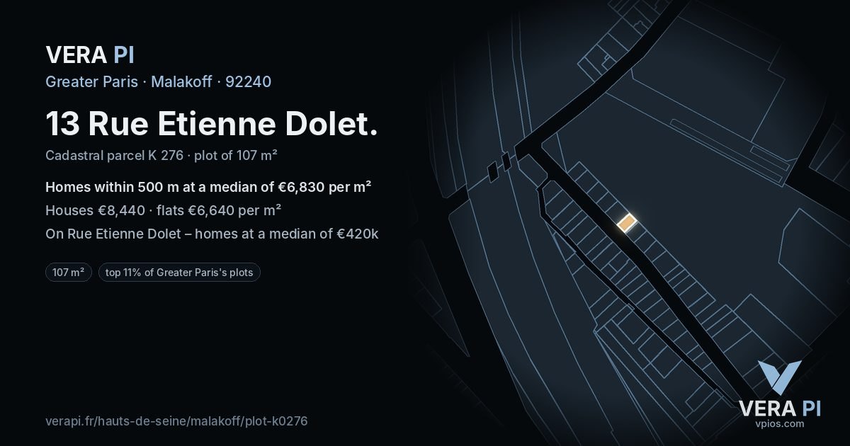 13 Rue Etienne Dolet, Malakoff at night – the plot lit, the parcels around coloured by the prices near them