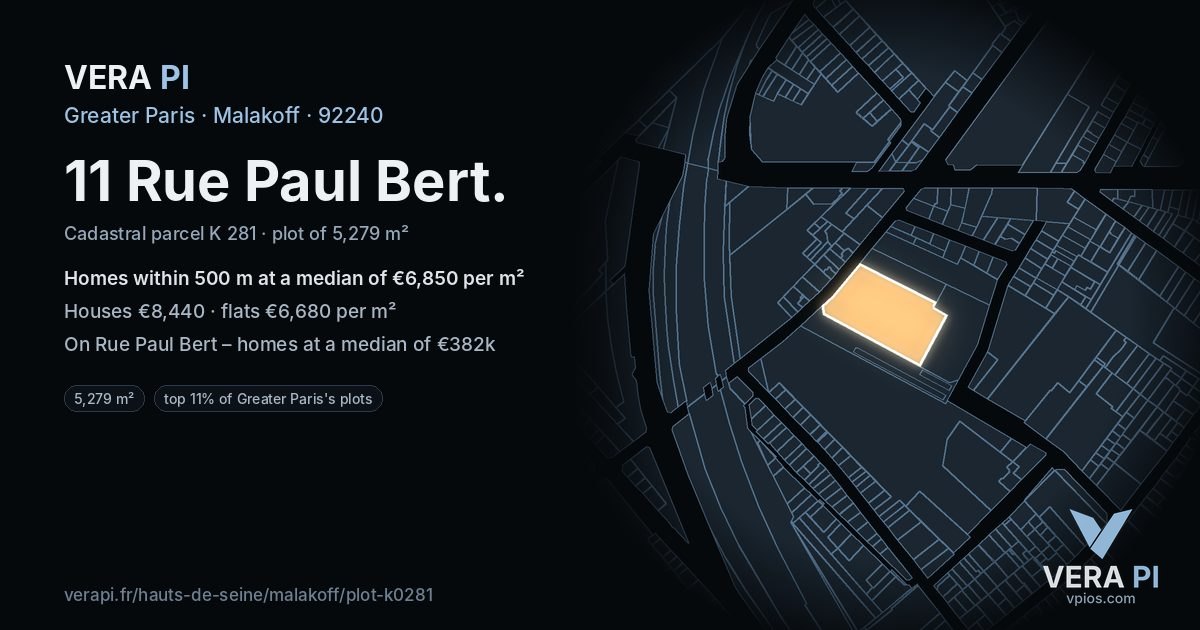 11 Rue Paul Bert, Malakoff at night – the plot lit, the parcels around coloured by the prices near them
