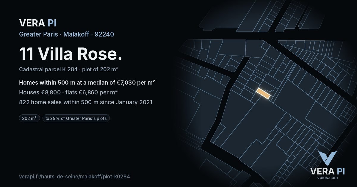 11 Villa Rose, Malakoff at night – the plot lit, the parcels around coloured by the prices near them