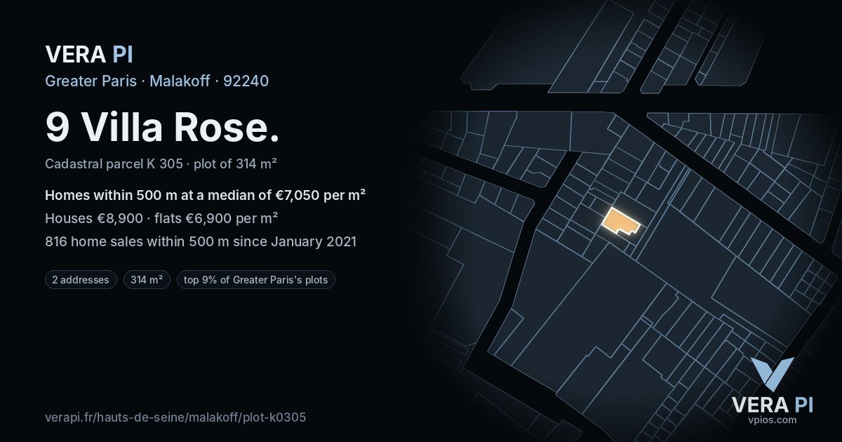 9 Villa Rose, Malakoff at night – the plot lit, the parcels around coloured by the prices near them