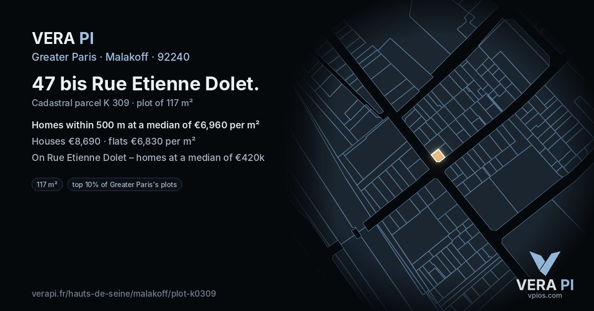 47 bis Rue Etienne Dolet, Malakoff at night – the plot lit, the parcels around coloured by the prices near them