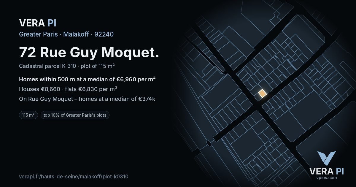 72 Rue Guy Moquet, Malakoff at night – the plot lit, the parcels around coloured by the prices near them