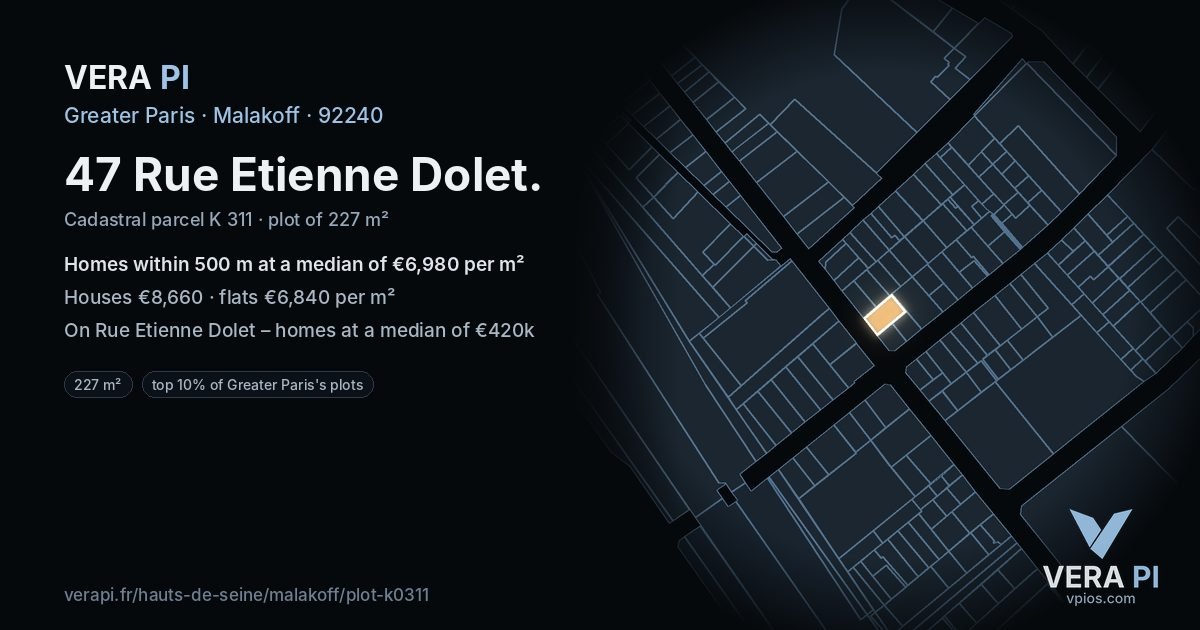 47 Rue Etienne Dolet, Malakoff at night – the plot lit, the parcels around coloured by the prices near them