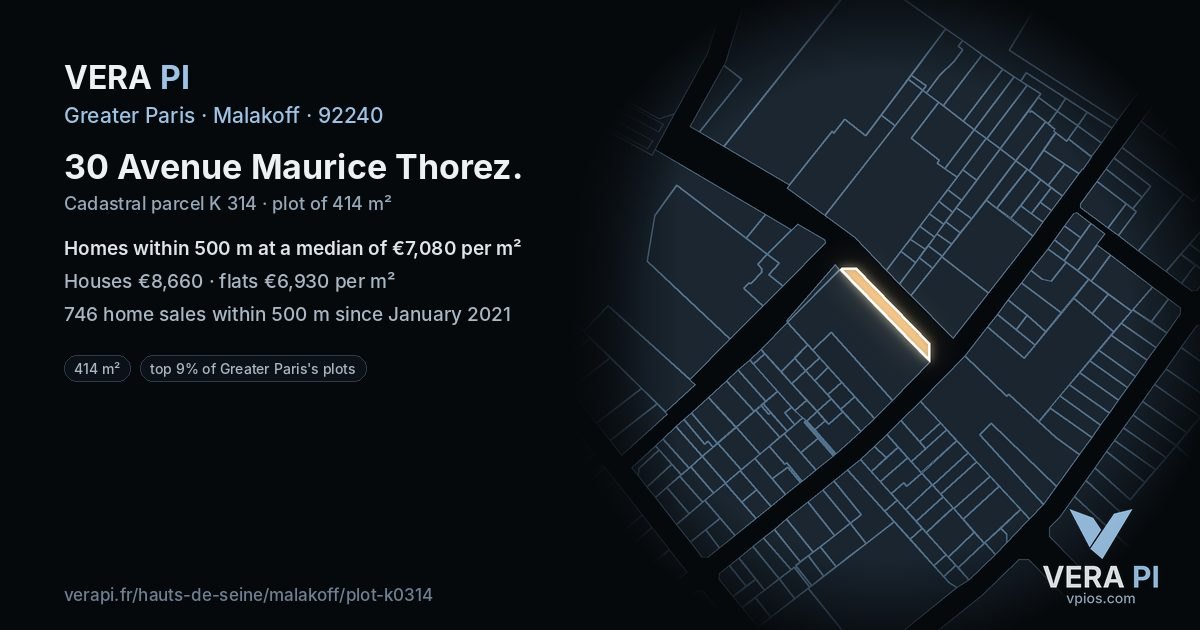 30 Avenue Maurice Thorez, Malakoff at night – the plot lit, the parcels around coloured by the prices near them