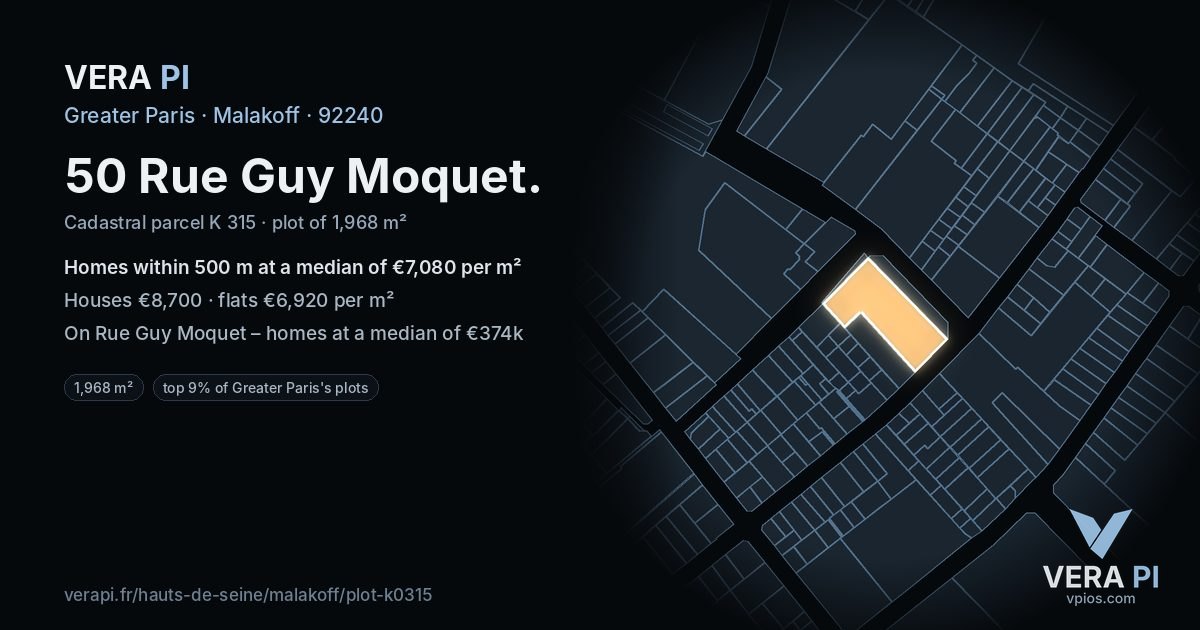 50 Rue Guy Moquet, Malakoff at night – the plot lit, the parcels around coloured by the prices near them