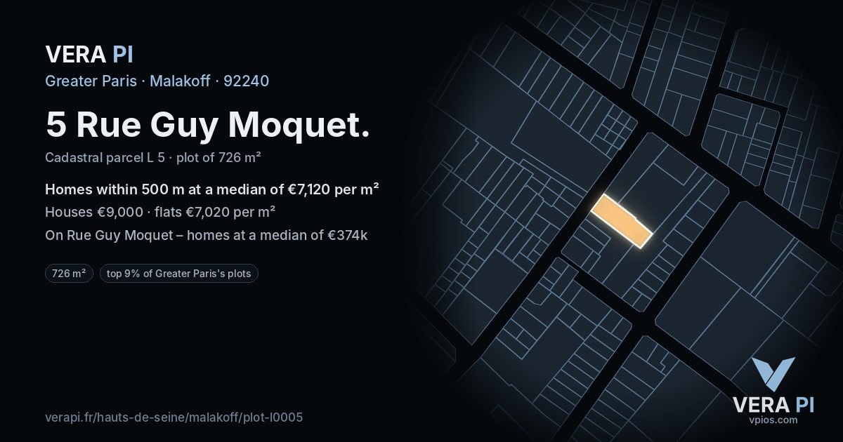 5 Rue Guy Moquet, Malakoff at night – the plot lit, the parcels around coloured by the prices near them