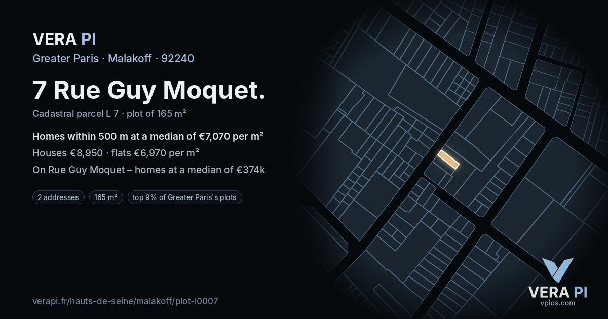 7 Rue Guy Moquet, Malakoff at night – the plot lit, the parcels around coloured by the prices near them