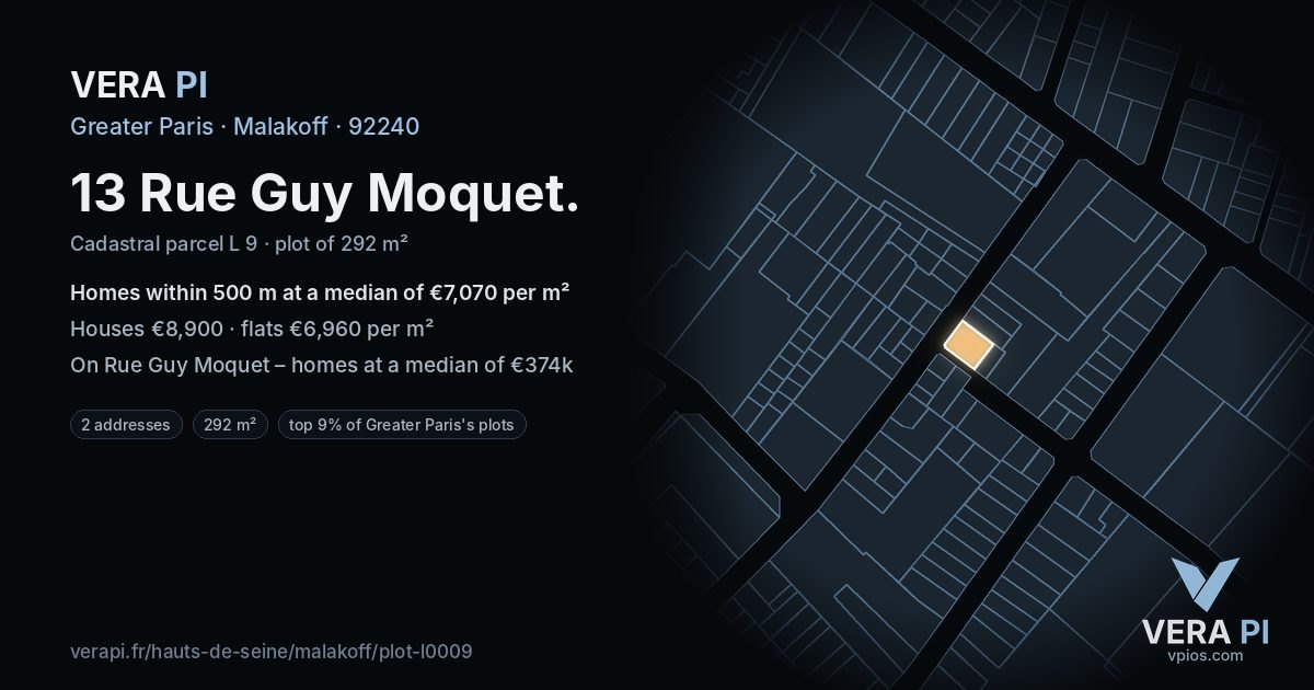 13 Rue Guy Moquet, Malakoff at night – the plot lit, the parcels around coloured by the prices near them