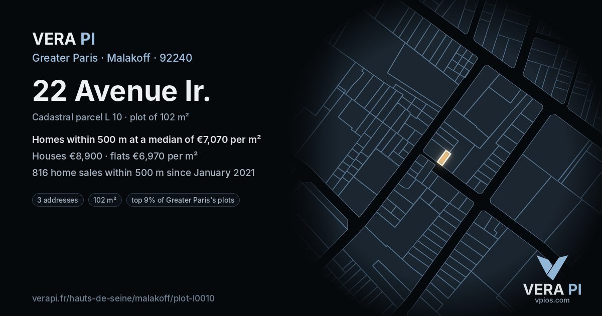 22 Avenue Ir, Malakoff at night – the plot lit, the parcels around coloured by the prices near them