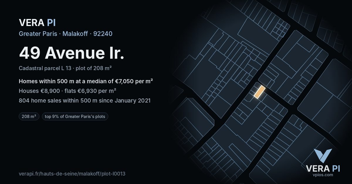 49 Avenue Ir, Malakoff at night – the plot lit, the parcels around coloured by the prices near them