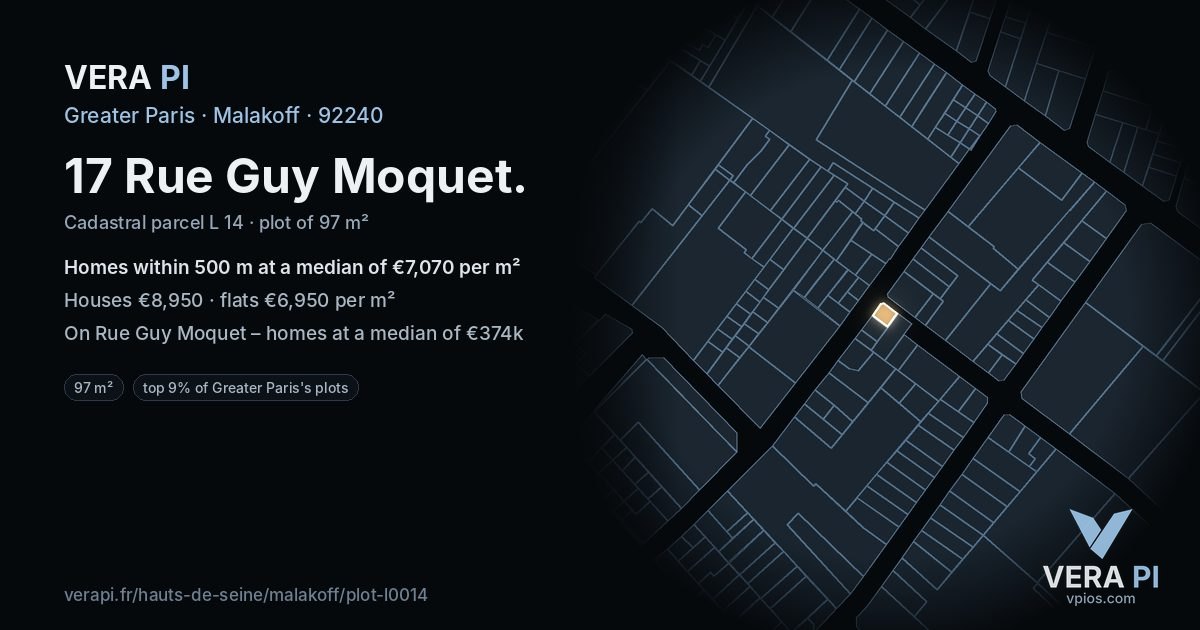 17 Rue Guy Moquet, Malakoff at night – the plot lit, the parcels around coloured by the prices near them