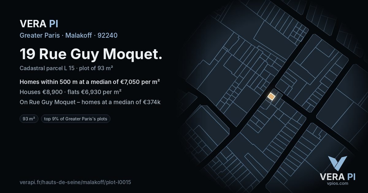 19 Rue Guy Moquet, Malakoff at night – the plot lit, the parcels around coloured by the prices near them