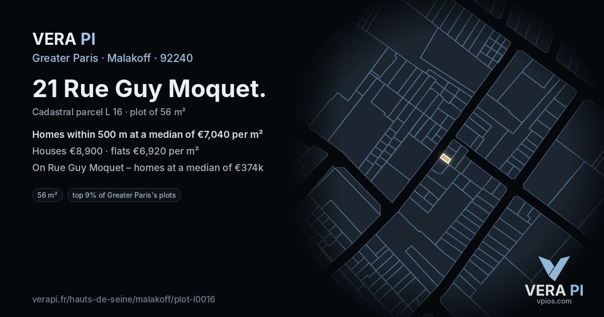 21 Rue Guy Moquet, Malakoff at night – the plot lit, the parcels around coloured by the prices near them