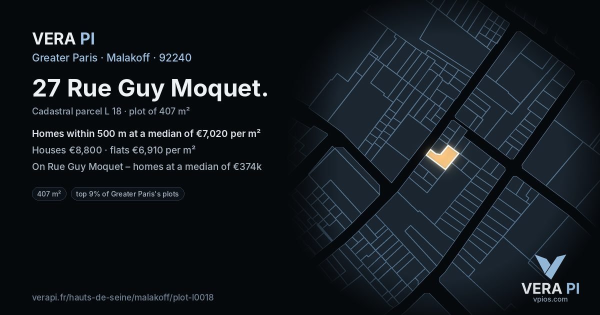 27 Rue Guy Moquet, Malakoff at night – the plot lit, the parcels around coloured by the prices near them