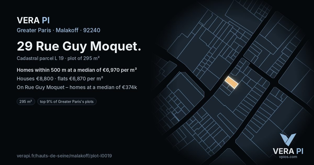 29 Rue Guy Moquet, Malakoff at night – the plot lit, the parcels around coloured by the prices near them