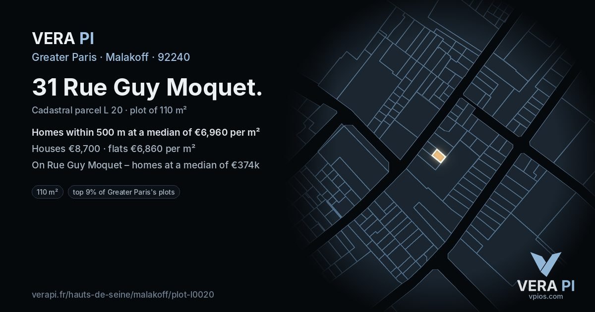 31 Rue Guy Moquet, Malakoff at night – the plot lit, the parcels around coloured by the prices near them