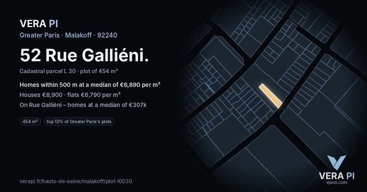 52 Rue Galliéni, Malakoff at night – the plot lit, the parcels around coloured by the prices near them