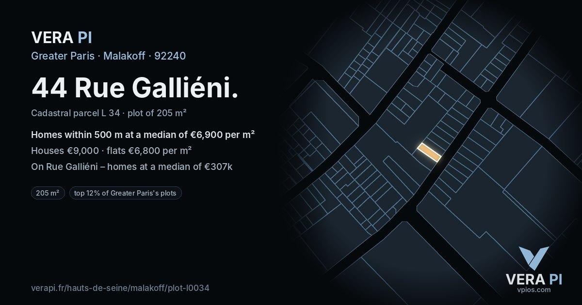 44 Rue Galliéni, Malakoff at night – the plot lit, the parcels around coloured by the prices near them