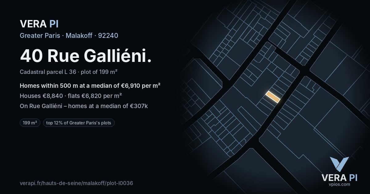 40 Rue Galliéni, Malakoff at night – the plot lit, the parcels around coloured by the prices near them