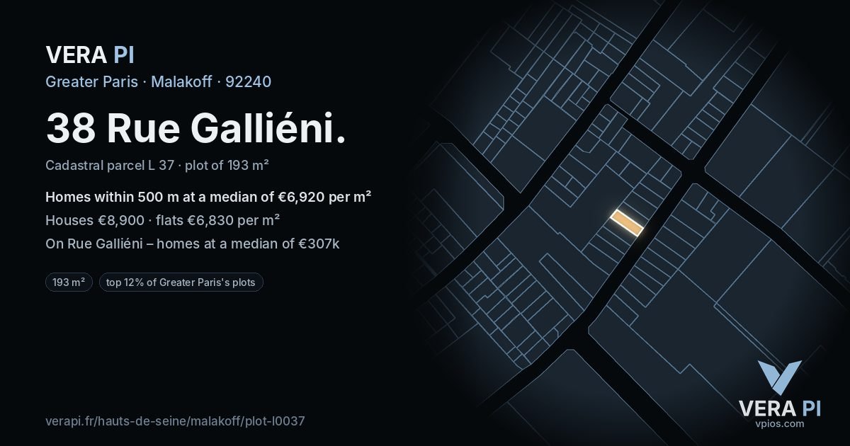 38 Rue Galliéni, Malakoff at night – the plot lit, the parcels around coloured by the prices near them