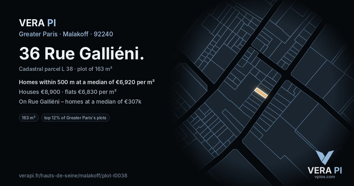 36 Rue Galliéni, Malakoff at night – the plot lit, the parcels around coloured by the prices near them