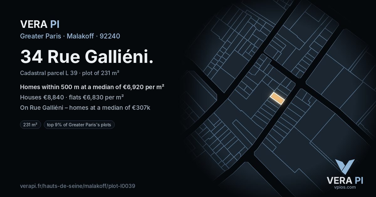 34 Rue Galliéni, Malakoff at night – the plot lit, the parcels around coloured by the prices near them