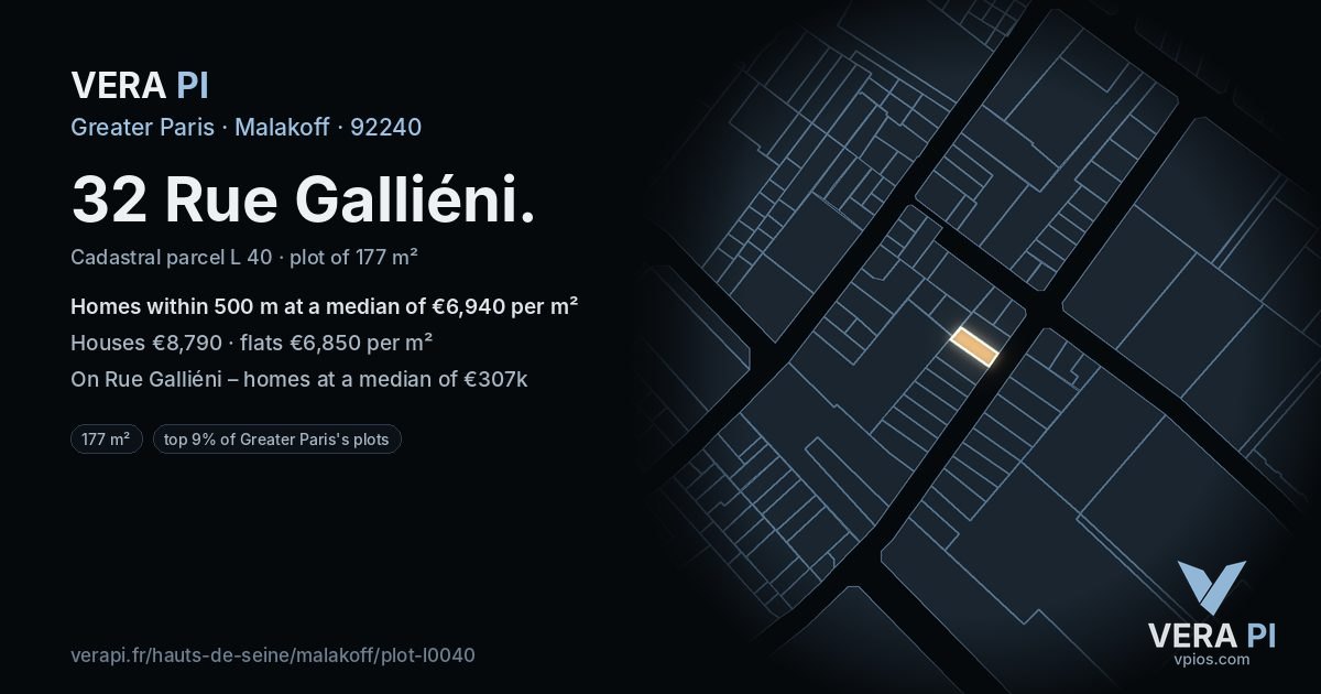 32 Rue Galliéni, Malakoff at night – the plot lit, the parcels around coloured by the prices near them