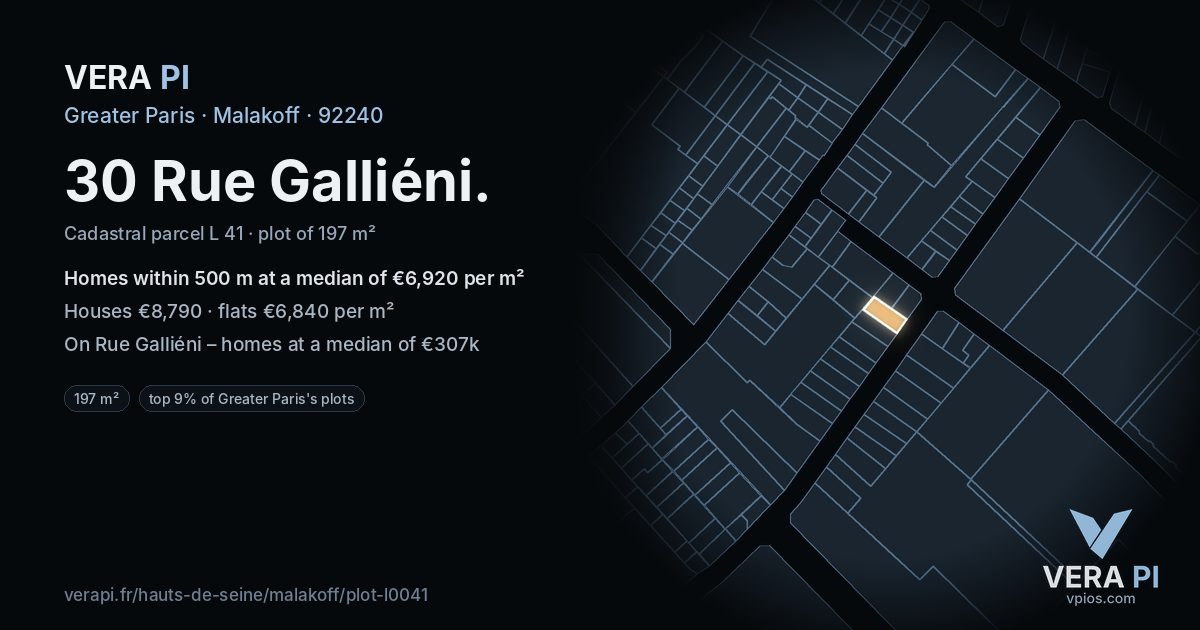 30 Rue Galliéni, Malakoff at night – the plot lit, the parcels around coloured by the prices near them