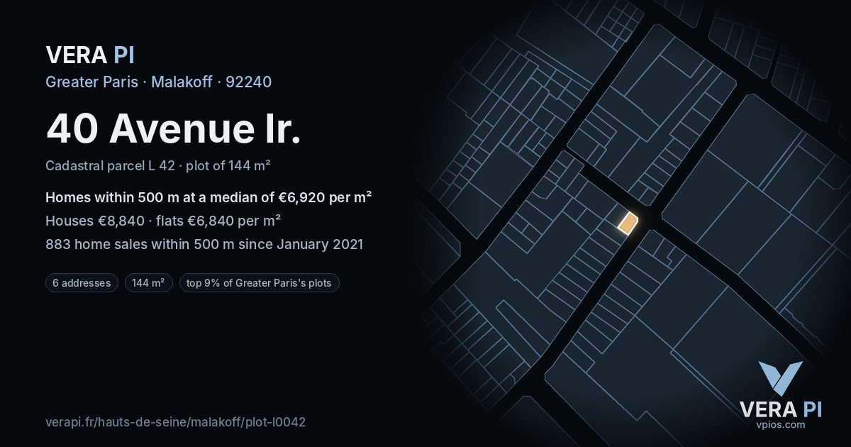 40 Avenue Ir, Malakoff at night – the plot lit, the parcels around coloured by the prices near them