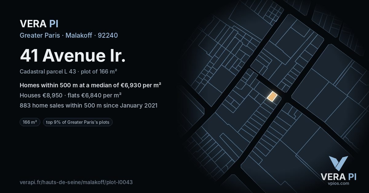 41 Avenue Ir, Malakoff at night – the plot lit, the parcels around coloured by the prices near them