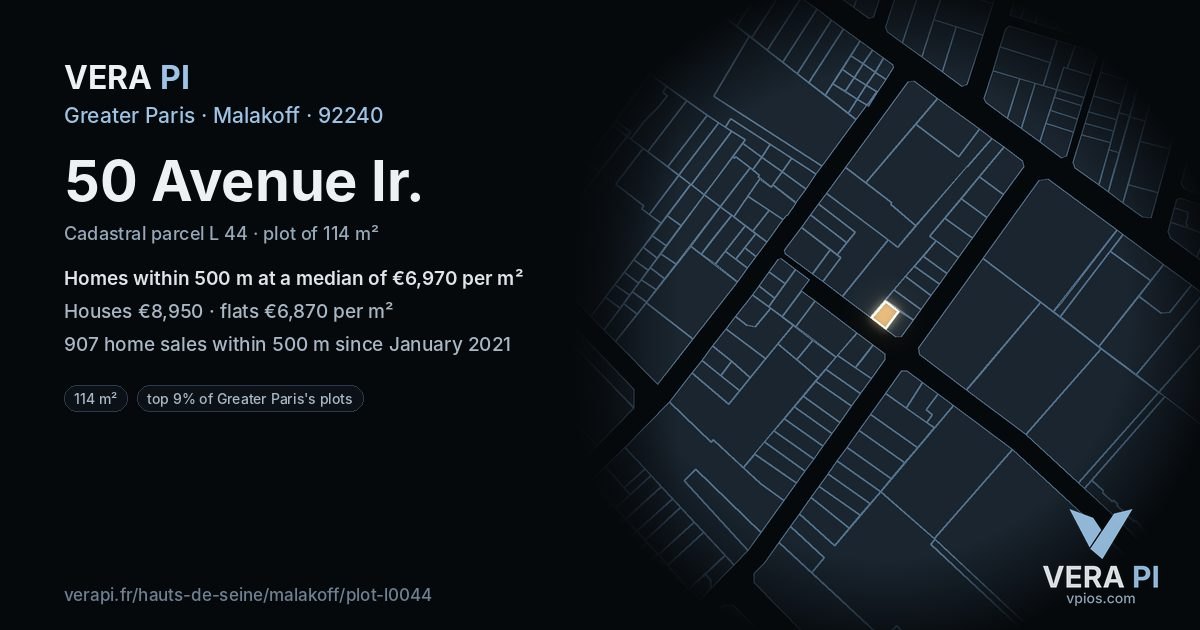 50 Avenue Ir, Malakoff at night – the plot lit, the parcels around coloured by the prices near them