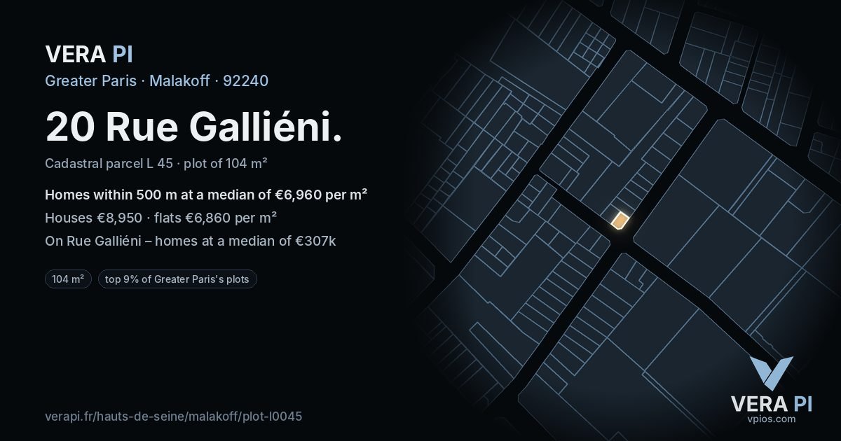 20 Rue Galliéni, Malakoff at night – the plot lit, the parcels around coloured by the prices near them