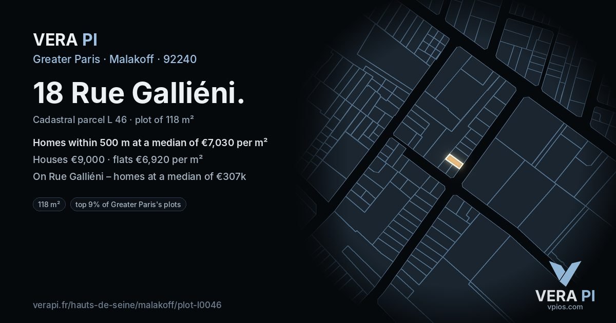18 Rue Galliéni, Malakoff at night – the plot lit, the parcels around coloured by the prices near them