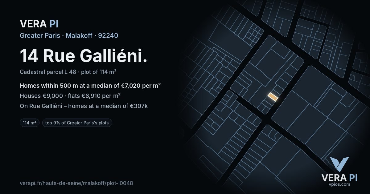 14 Rue Galliéni, Malakoff at night – the plot lit, the parcels around coloured by the prices near them