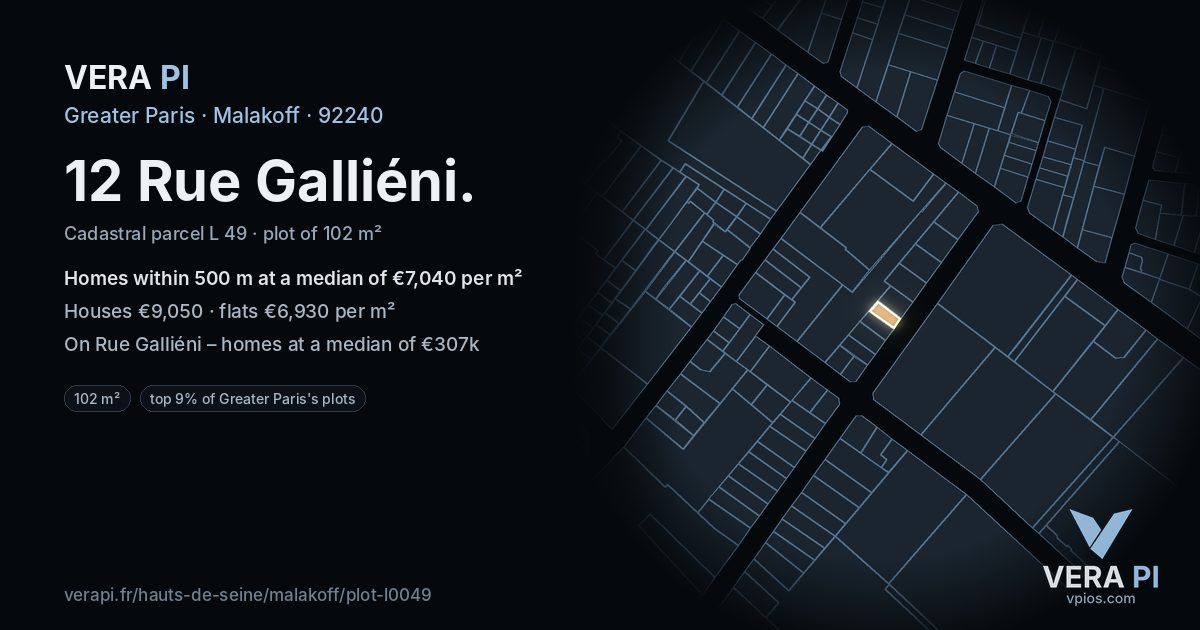 12 Rue Galliéni, Malakoff at night – the plot lit, the parcels around coloured by the prices near them
