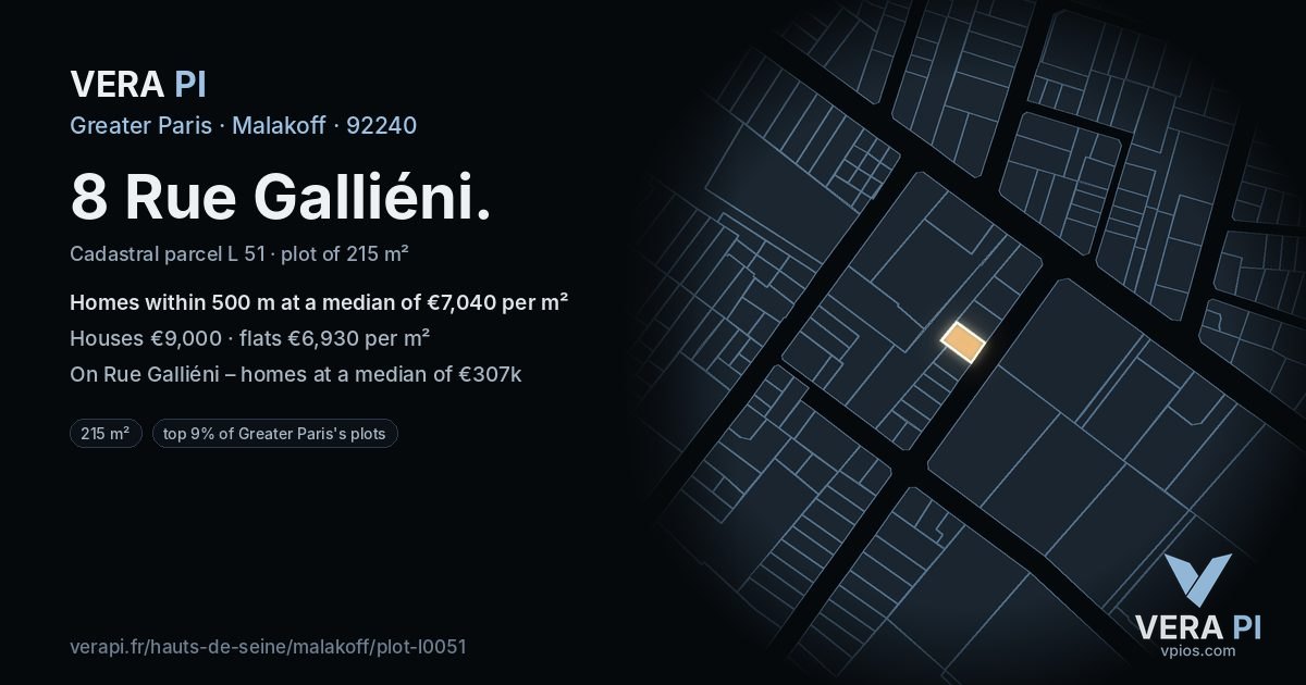 8 Rue Galliéni, Malakoff at night – the plot lit, the parcels around coloured by the prices near them