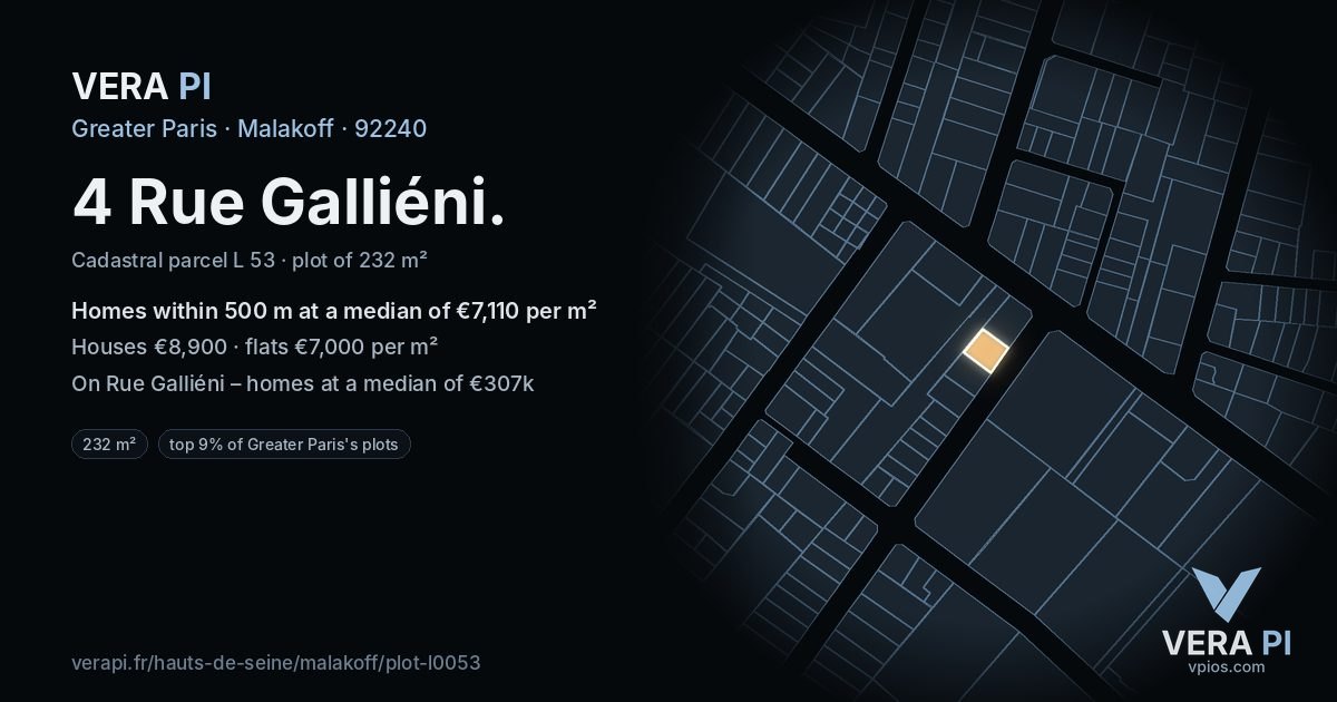 4 Rue Galliéni, Malakoff at night – the plot lit, the parcels around coloured by the prices near them