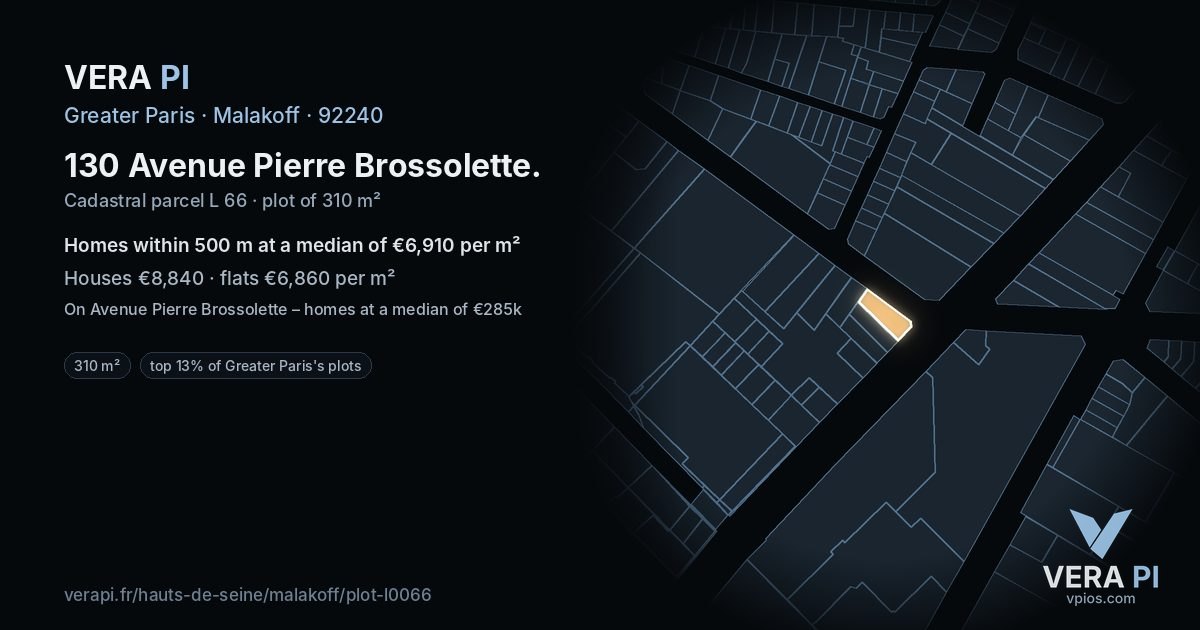 130 Avenue Pierre Brossolette, Malakoff at night – the plot lit, the parcels around coloured by the prices near them
