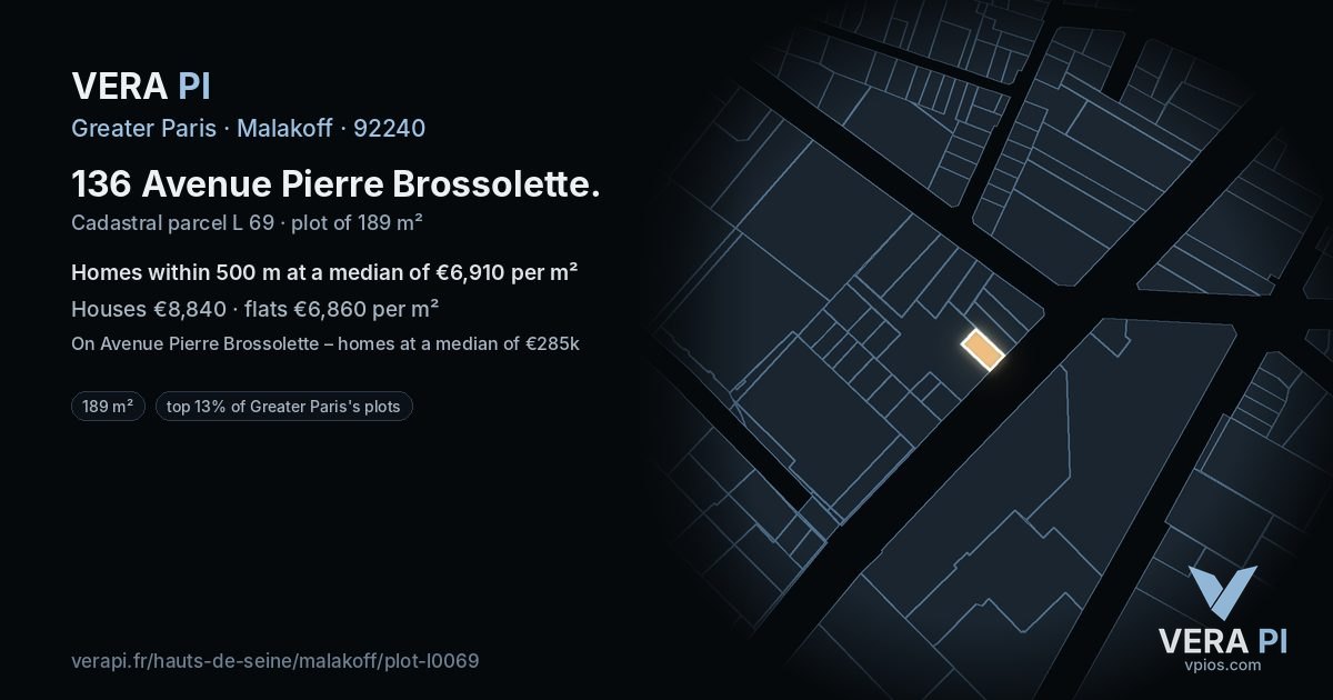 136 Avenue Pierre Brossolette, Malakoff at night – the plot lit, the parcels around coloured by the prices near them