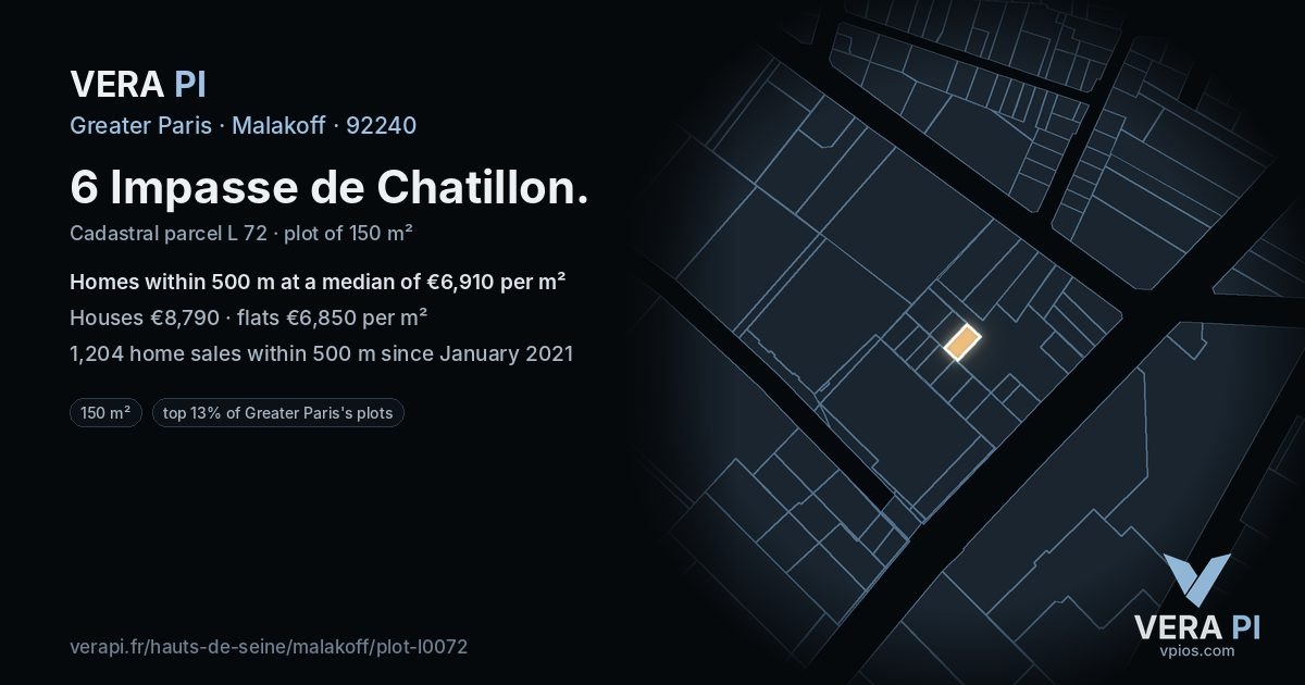 6 Impasse de Chatillon, Malakoff at night – the plot lit, the parcels around coloured by the prices near them