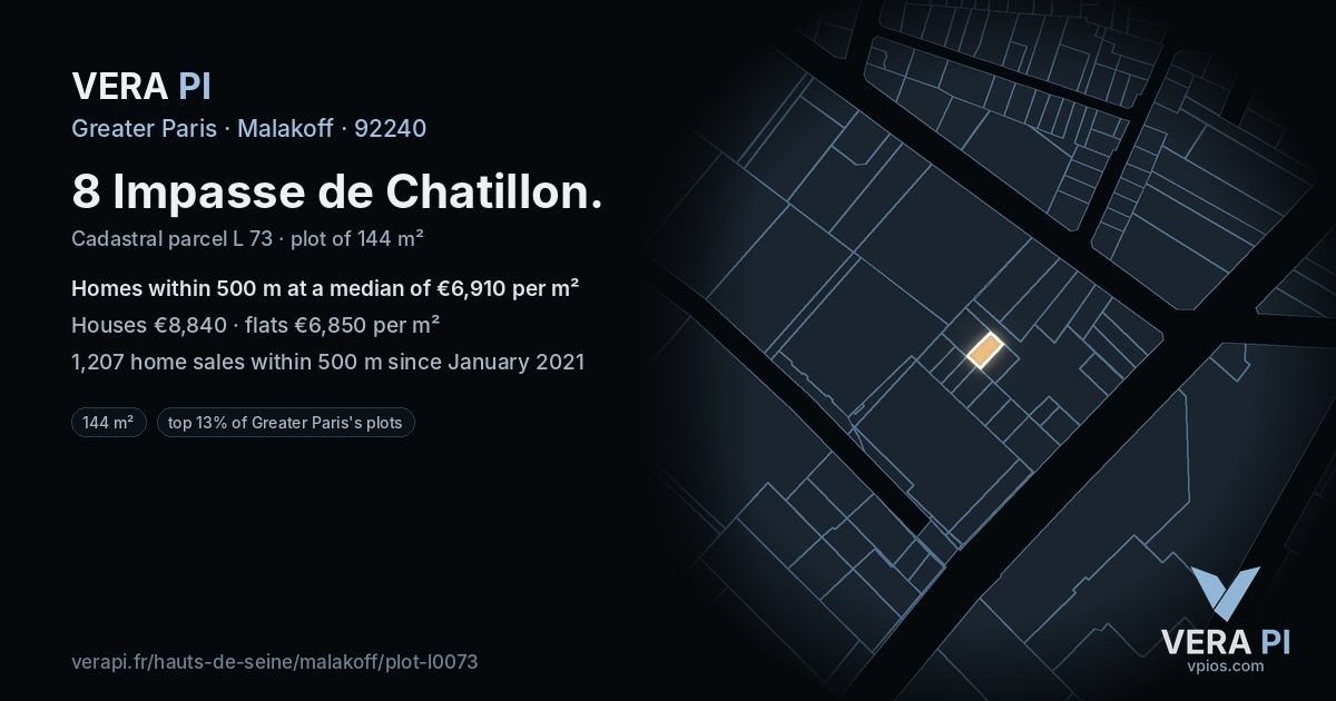8 Impasse de Chatillon, Malakoff at night – the plot lit, the parcels around coloured by the prices near them