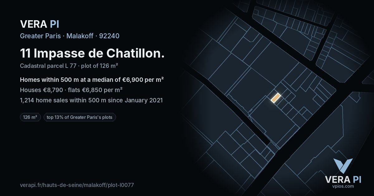 11 Impasse de Chatillon, Malakoff at night – the plot lit, the parcels around coloured by the prices near them
